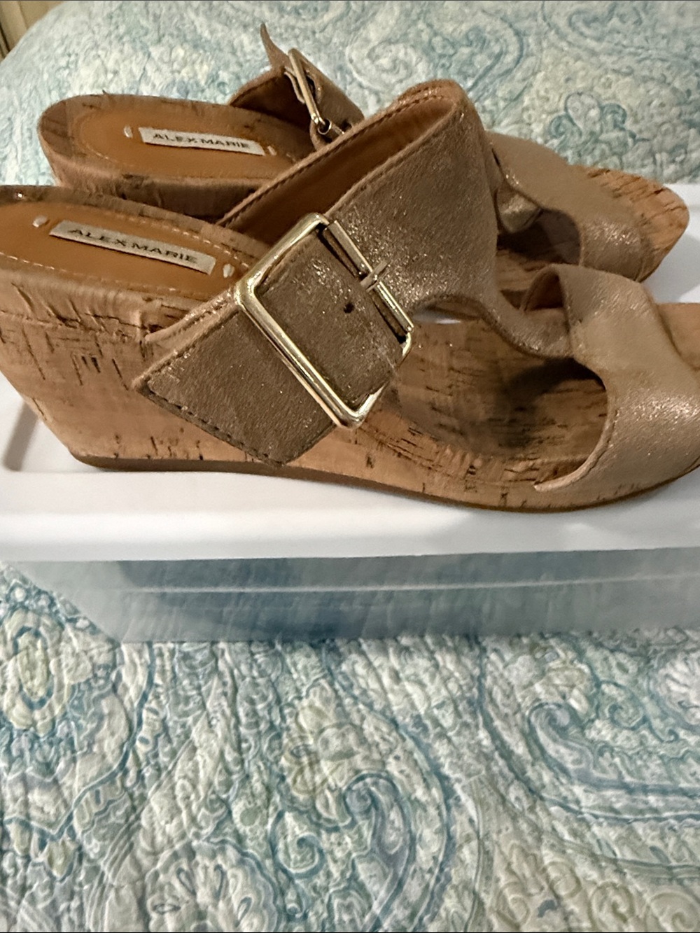 Alex Marie Metallic Taupe Cork Wedge Slides with Buckle